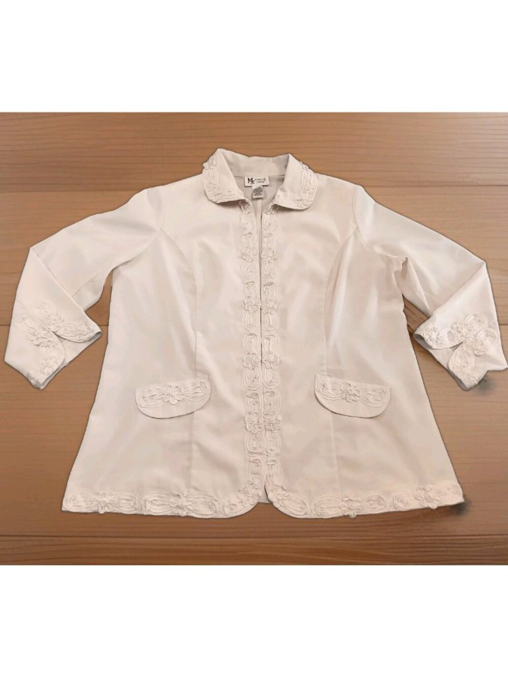 Maggie Sweet Women Blazer Jacket Long Sleeve Embroidered Beige Sz 1X Open Front